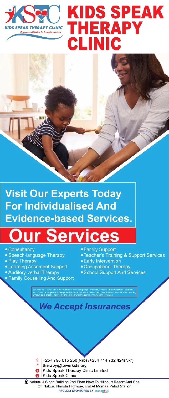 Kids Speak Therapy Clinic promotional flyer showing therapist with child